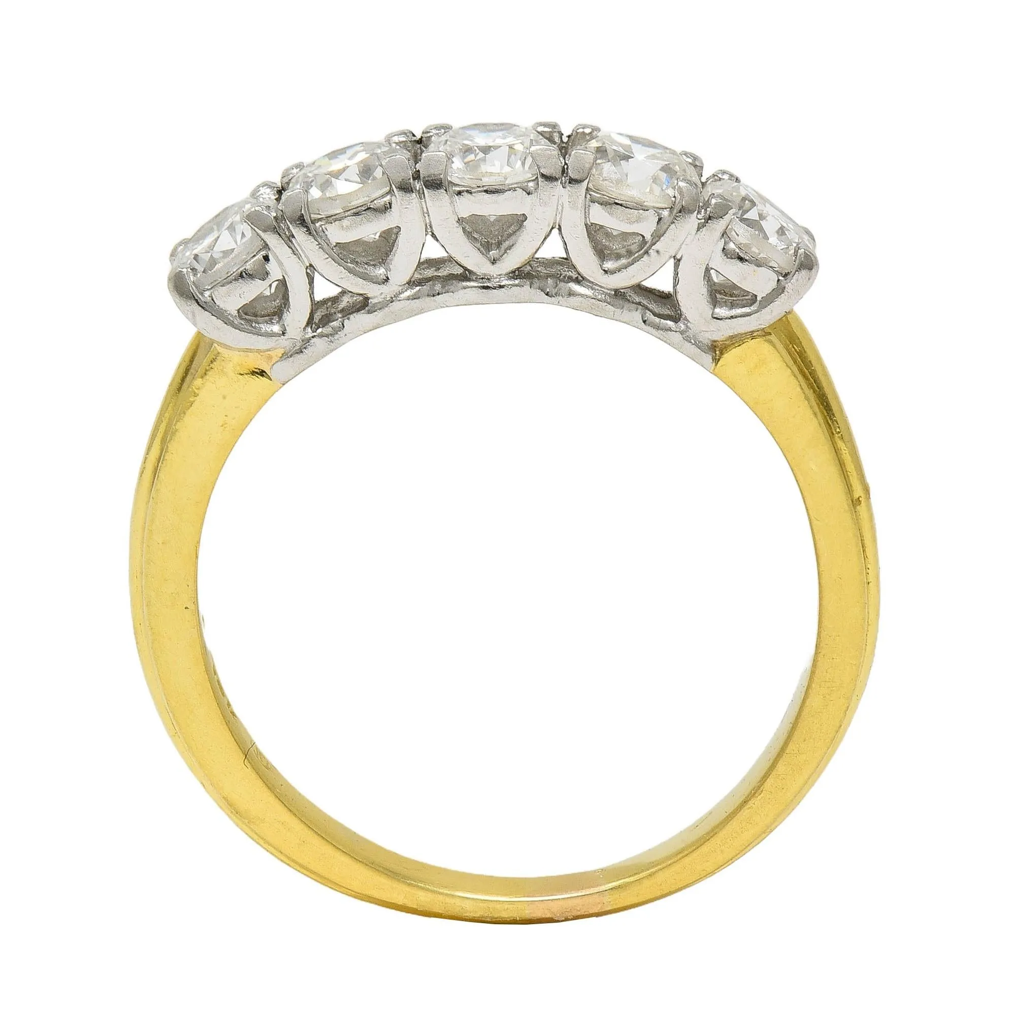 Mid-Century 1.00 CTW Diamond Platinum 18 Karat Yellow Gold Vintage Five Stone Band Ring