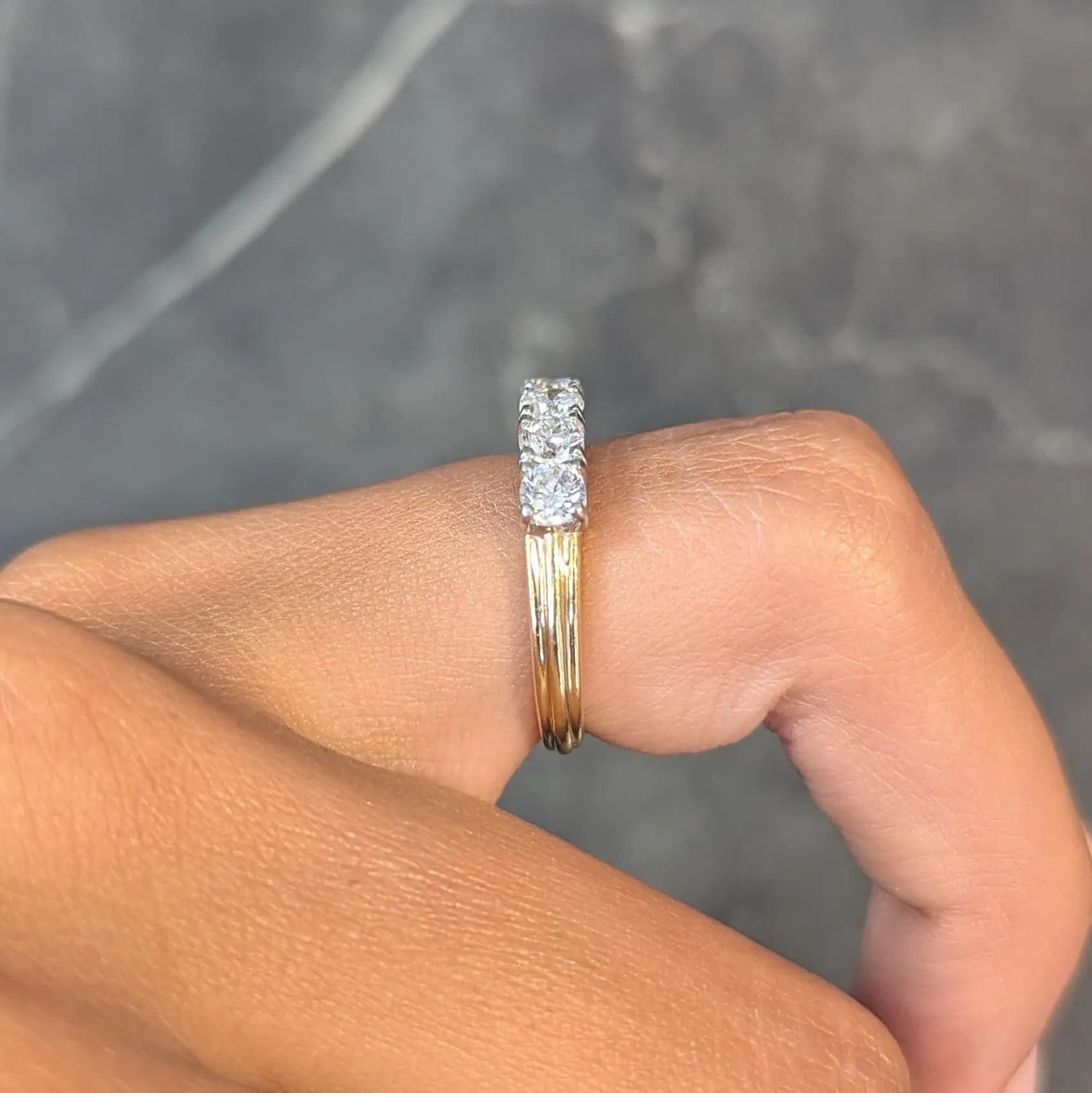 Mid-Century 1.00 CTW Diamond Platinum 18 Karat Yellow Gold Vintage Five Stone Band Ring