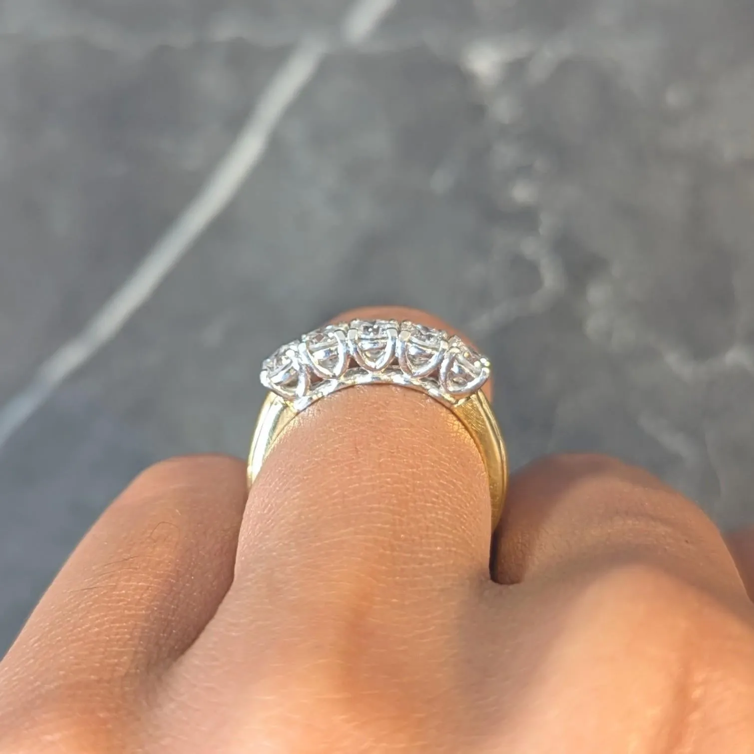 Mid-Century 1.00 CTW Diamond Platinum 18 Karat Yellow Gold Vintage Five Stone Band Ring