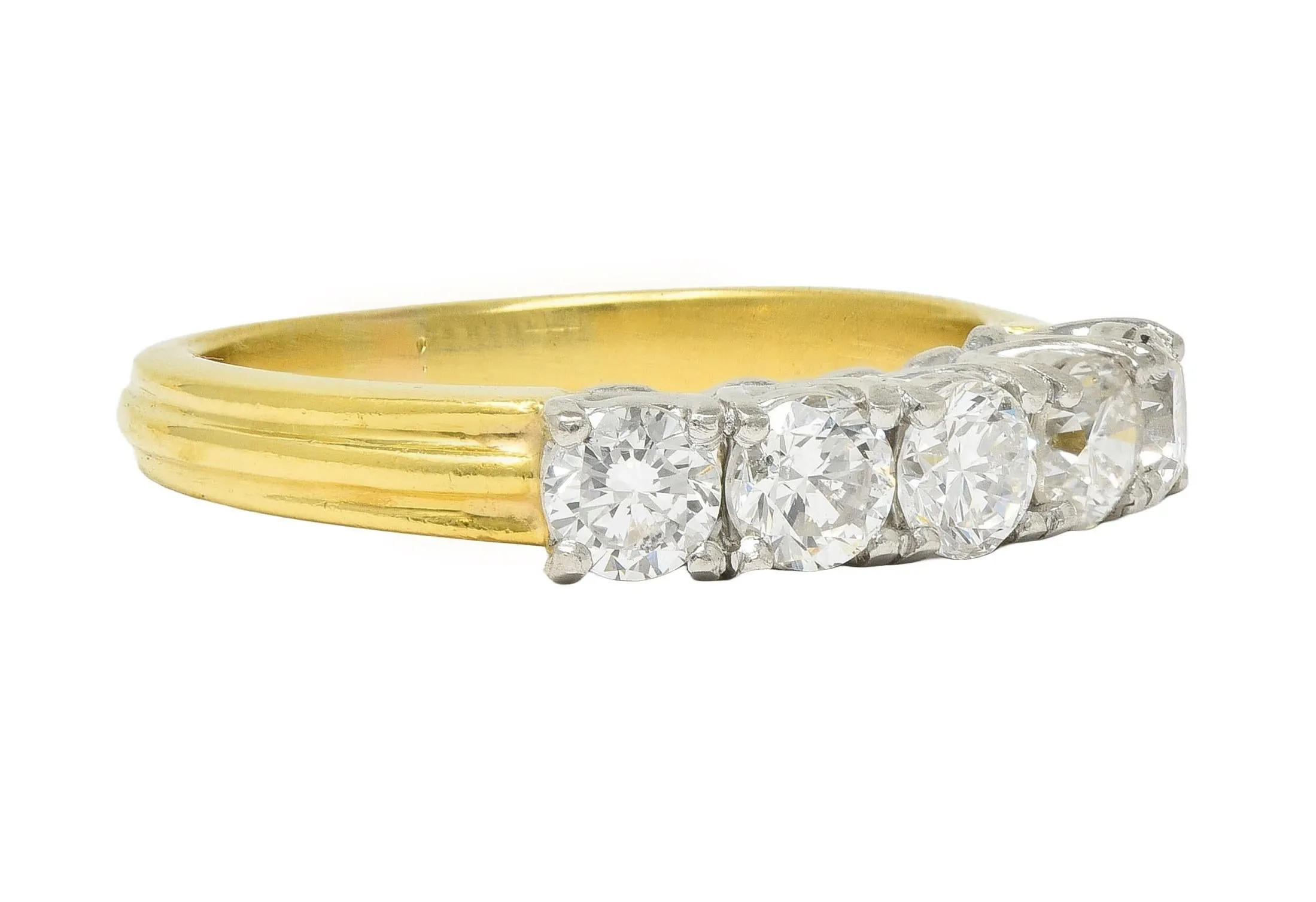 Mid-Century 1.00 CTW Diamond Platinum 18 Karat Yellow Gold Vintage Five Stone Band Ring