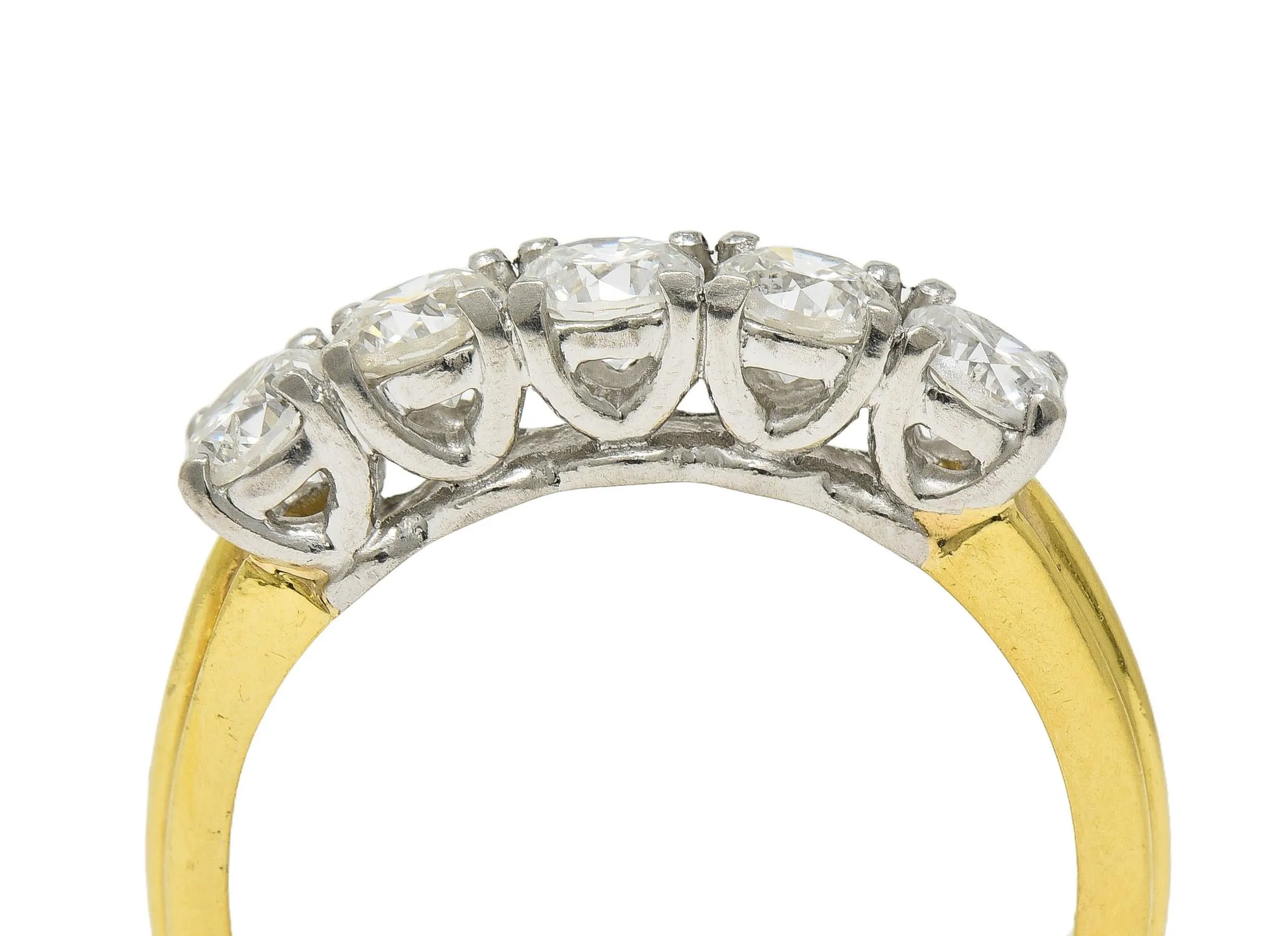 Mid-Century 1.00 CTW Diamond Platinum 18 Karat Yellow Gold Vintage Five Stone Band Ring