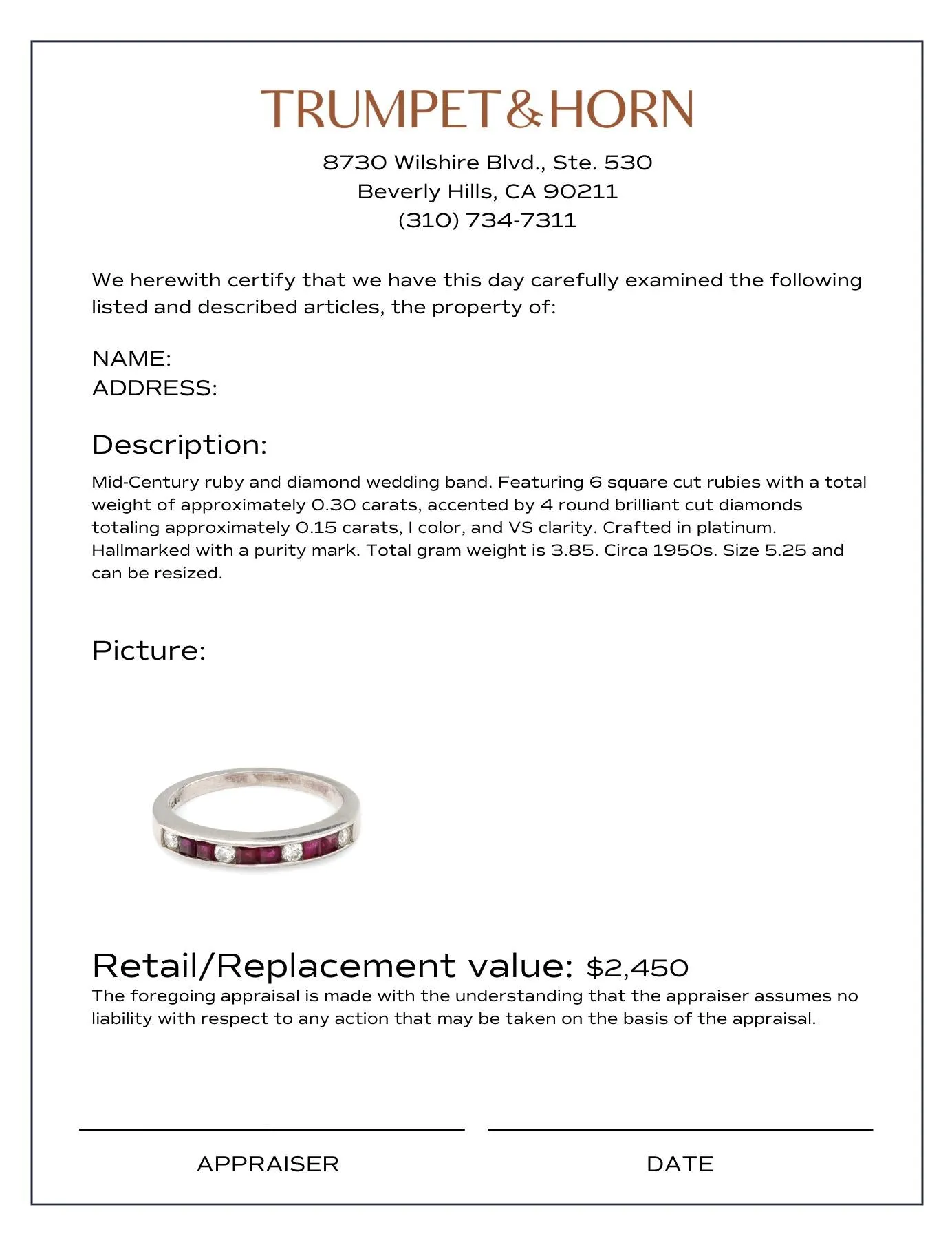 Mid Century ruby diamond platinum wedding band