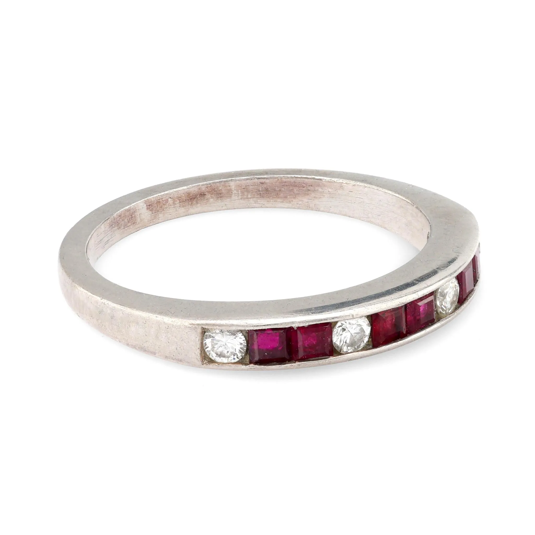 Mid Century ruby diamond platinum wedding band