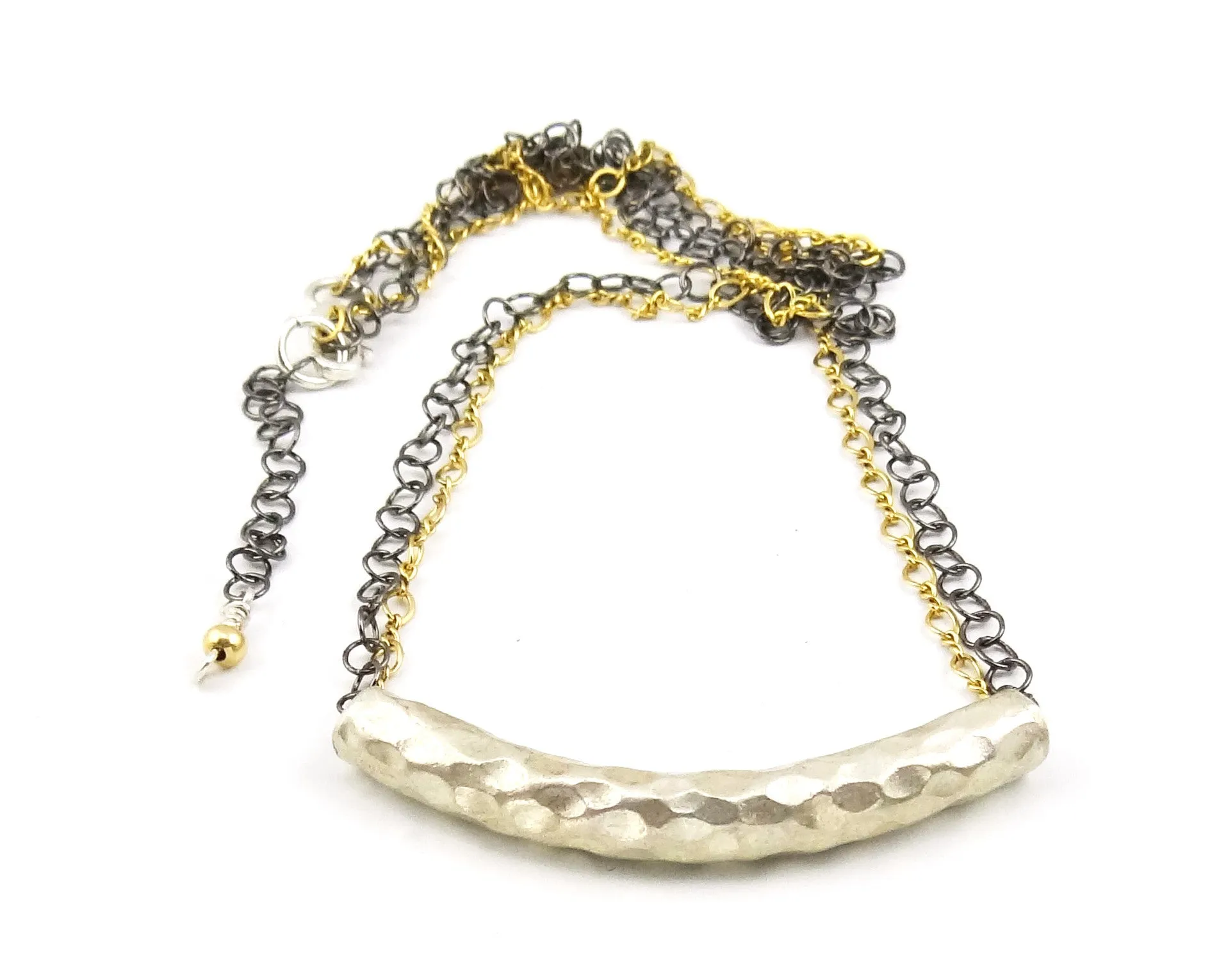Mixed Metal Hammered Silver Tube Necklace