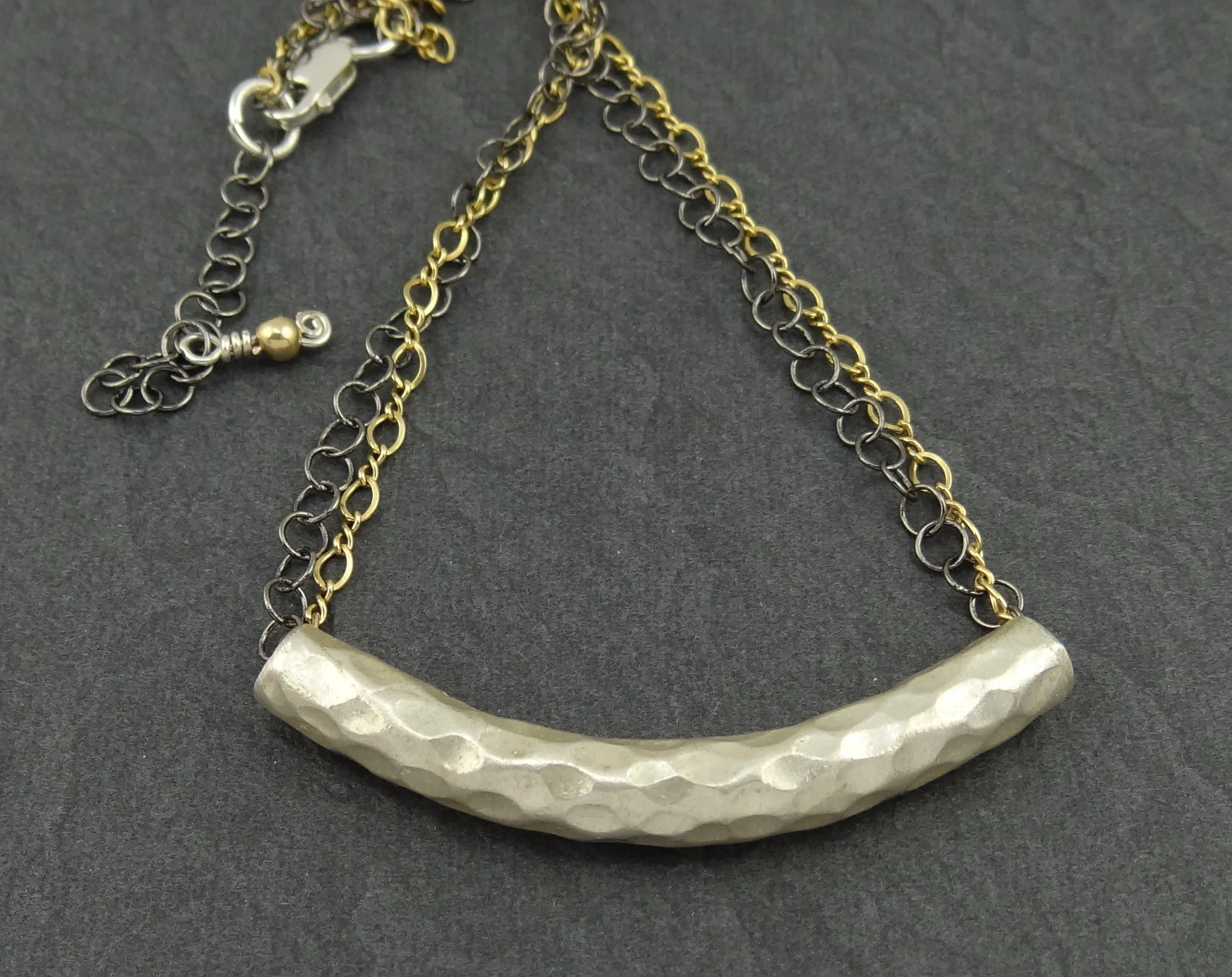 Mixed Metal Hammered Silver Tube Necklace