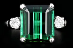 Modern Platinum  6.35 Carat Green Tourmaline and Diamond Ring