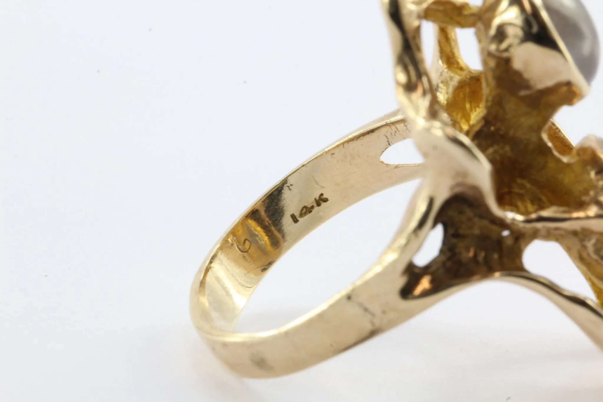 Modernist Abstract 14K Gold Chunky Double Moonstone Ring Signed G