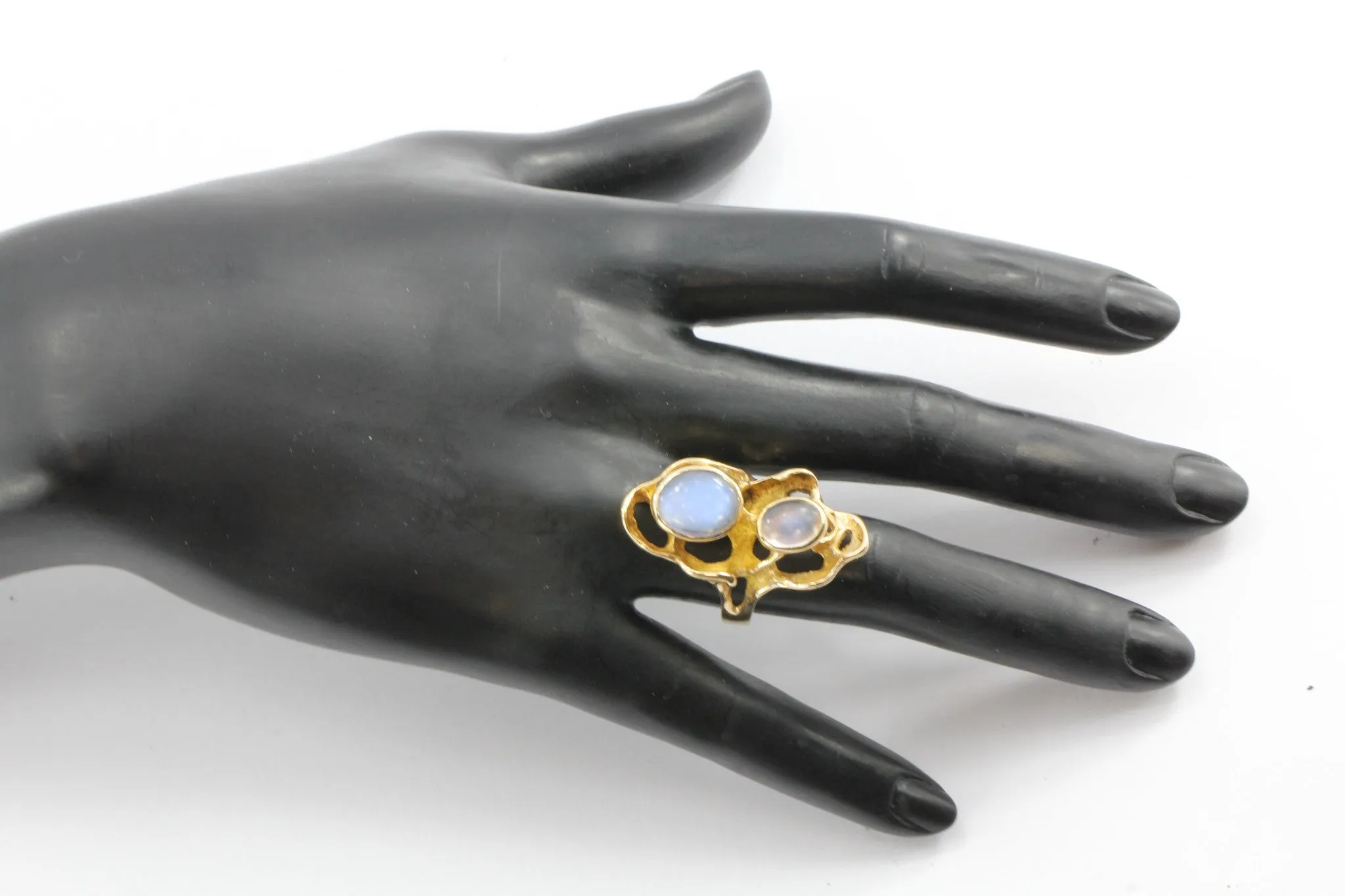 Modernist Abstract 14K Gold Chunky Double Moonstone Ring Signed G