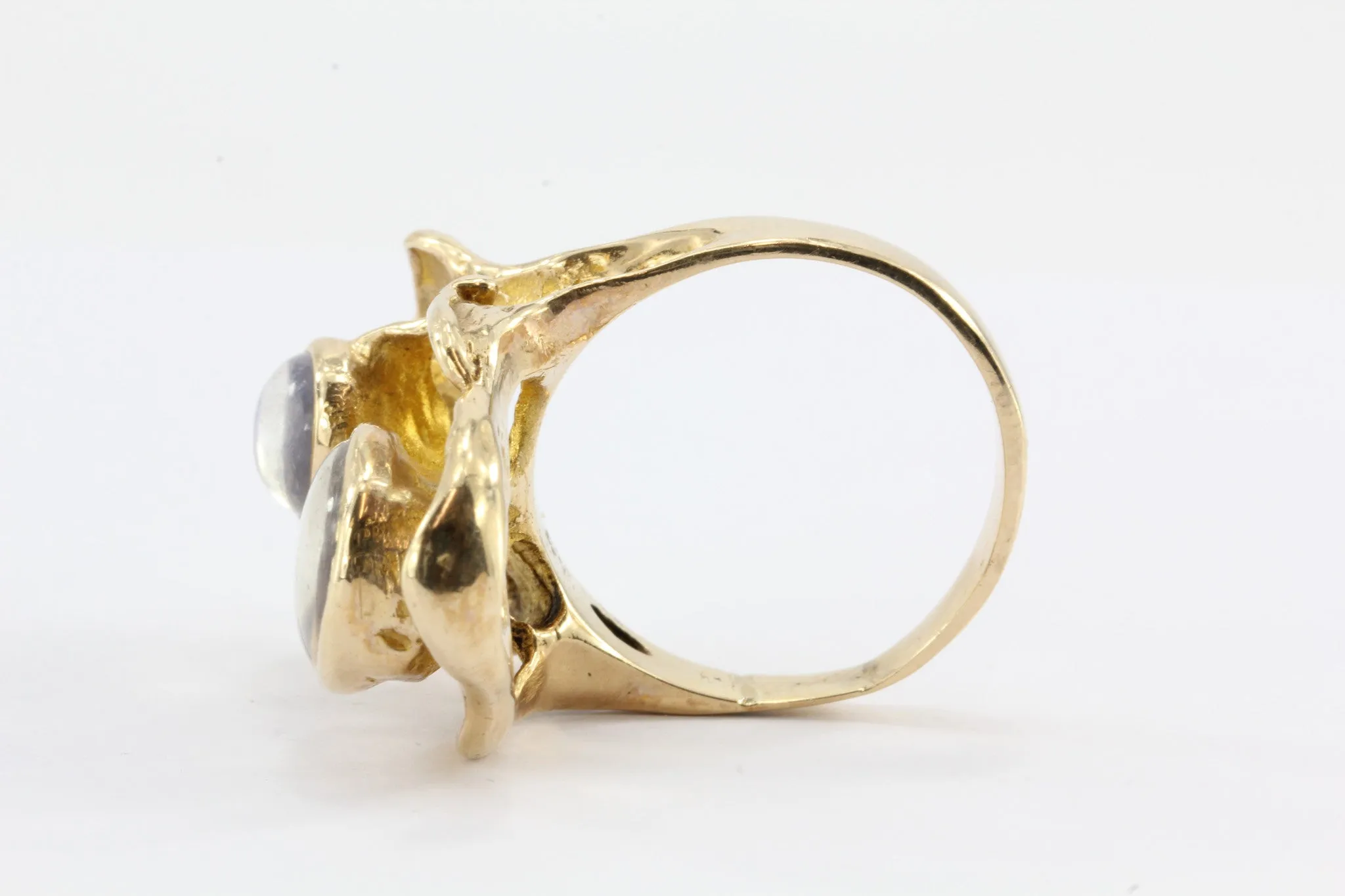 Modernist Abstract 14K Gold Chunky Double Moonstone Ring Signed G
