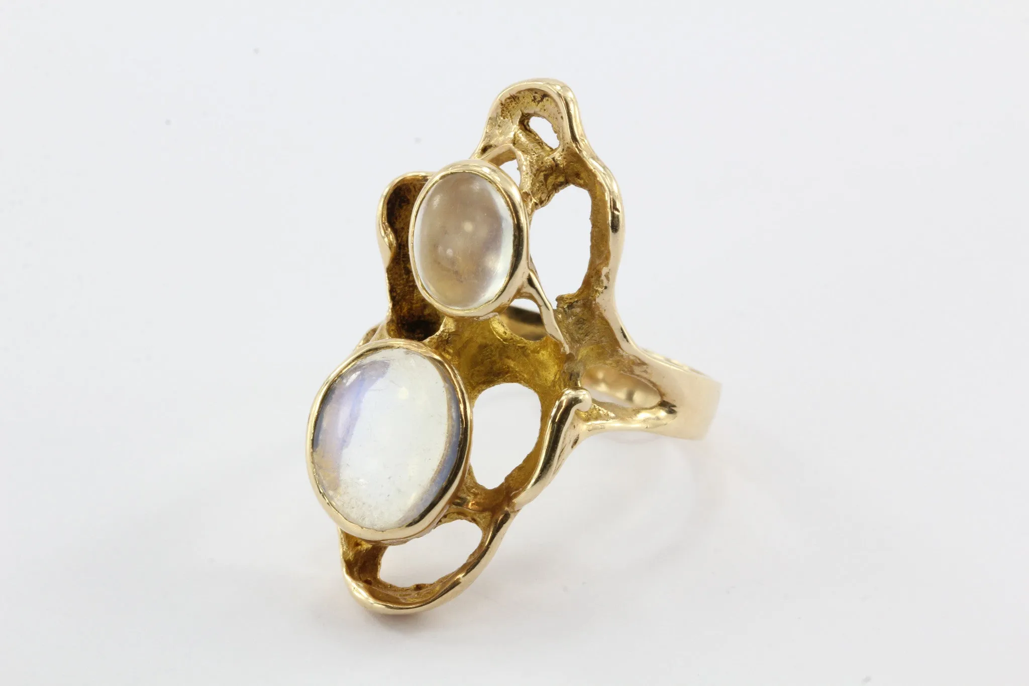 Modernist Abstract 14K Gold Chunky Double Moonstone Ring Signed G