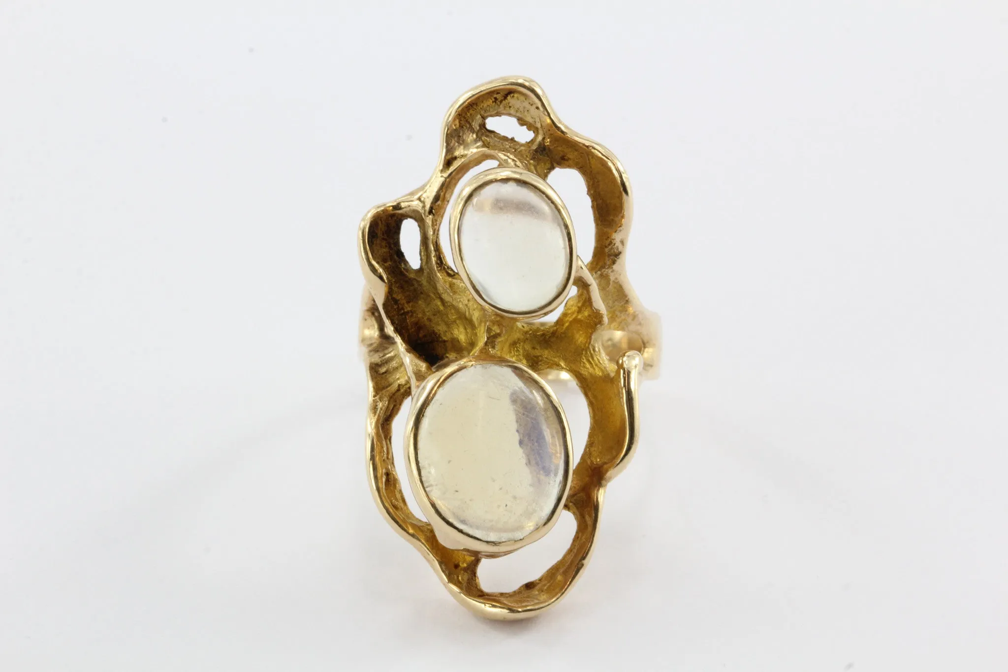 Modernist Abstract 14K Gold Chunky Double Moonstone Ring Signed G
