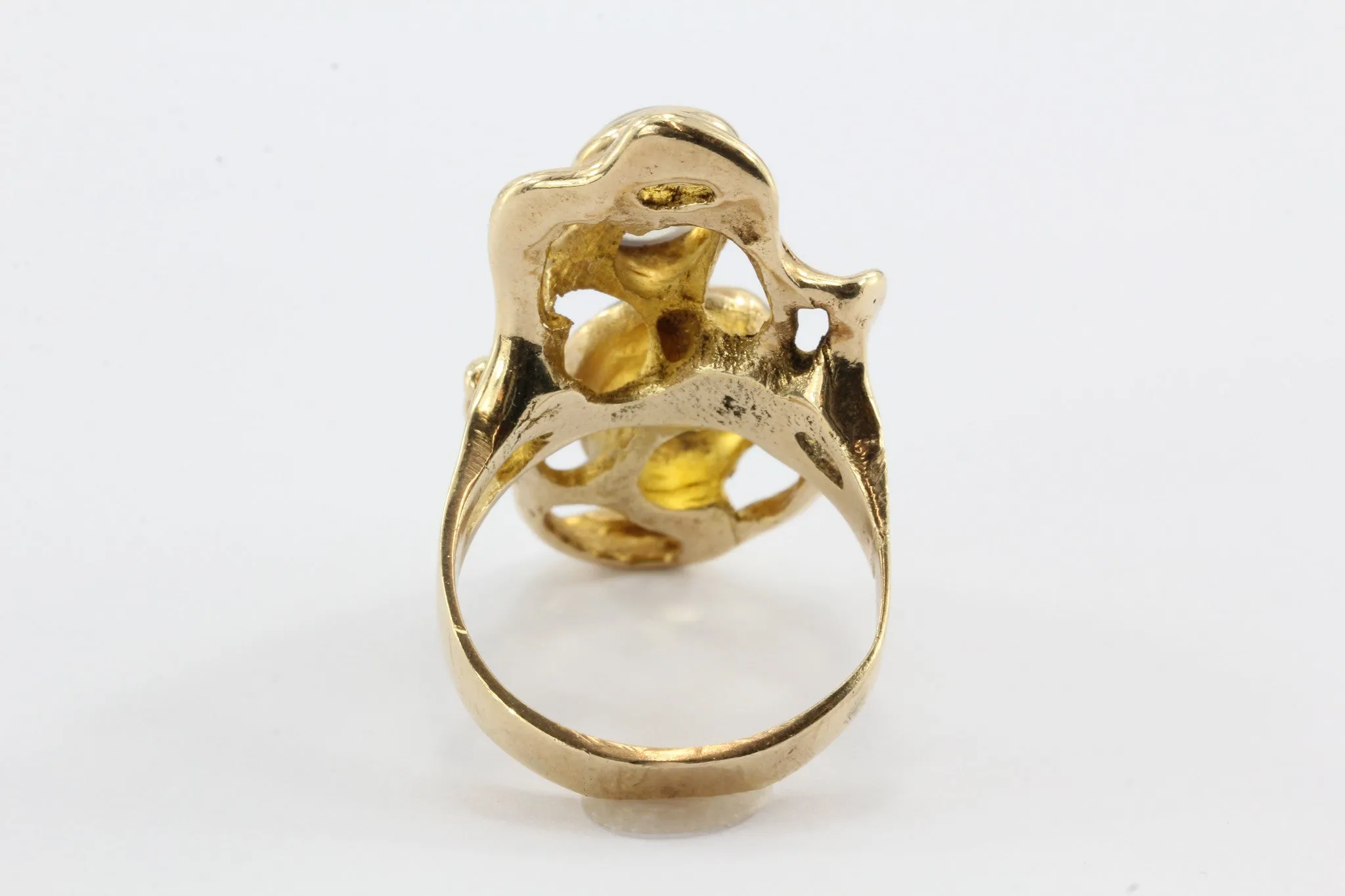 Modernist Abstract 14K Gold Chunky Double Moonstone Ring Signed G