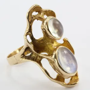 Modernist Abstract 14K Gold Chunky Double Moonstone Ring Signed G