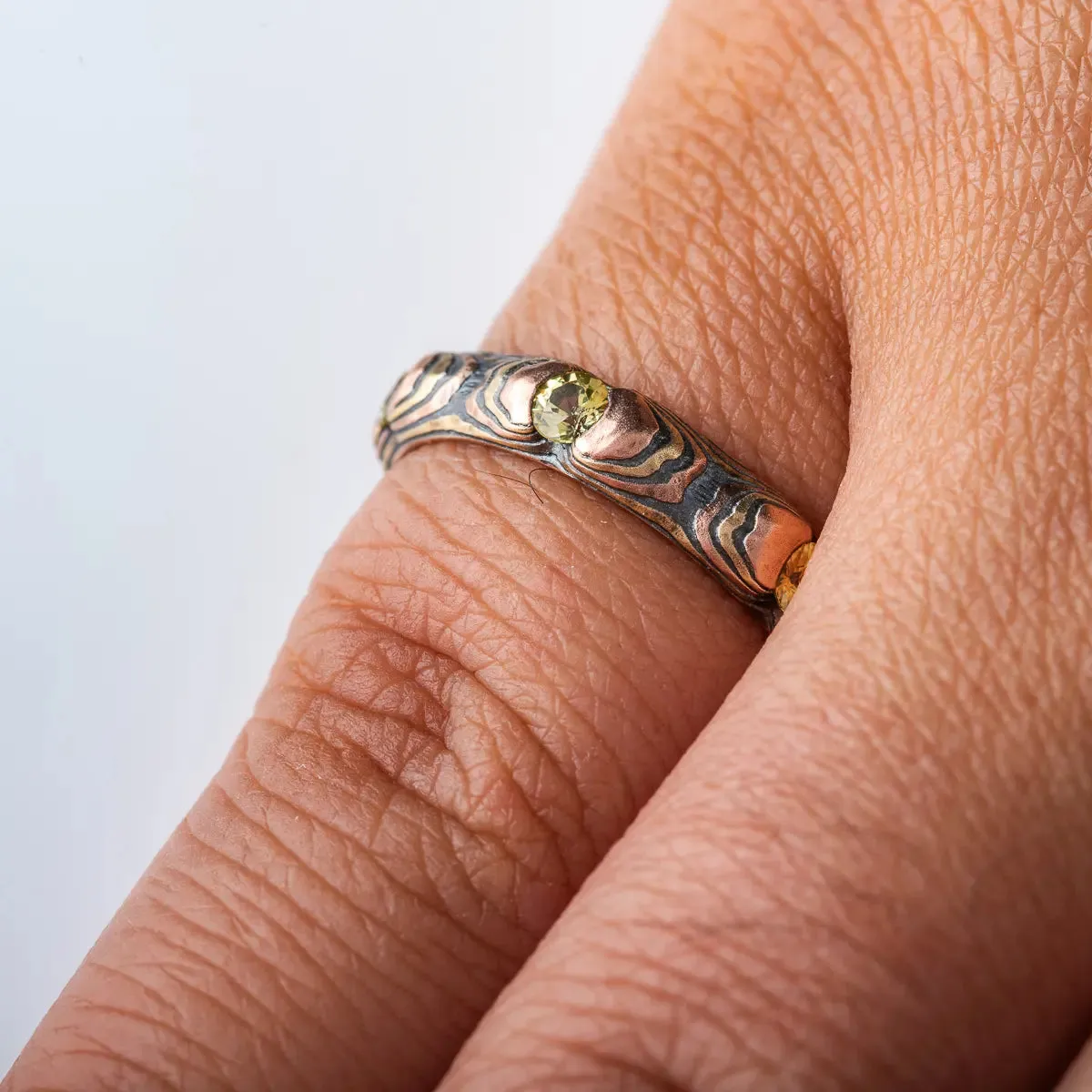 Mokume Gane Ring or Band in Guri Bori Pattern and Fire Metal Combination w/ Yellow Sapphires SHIPS TODAY