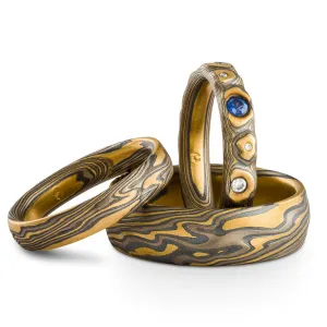 Mokume Gane Rings or Wedding Set in Flare Palette and Guri Bori and Twist Patterns with Kazaru Finish, Sapphire and Diamonds