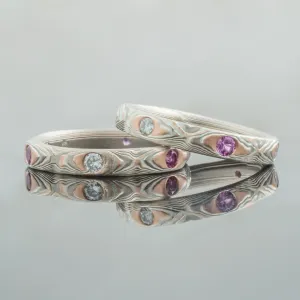 Mokume Gane Wedding Band or Ring Set with Flush Set Diamonds and Sapphires in Guri Bori Pattern