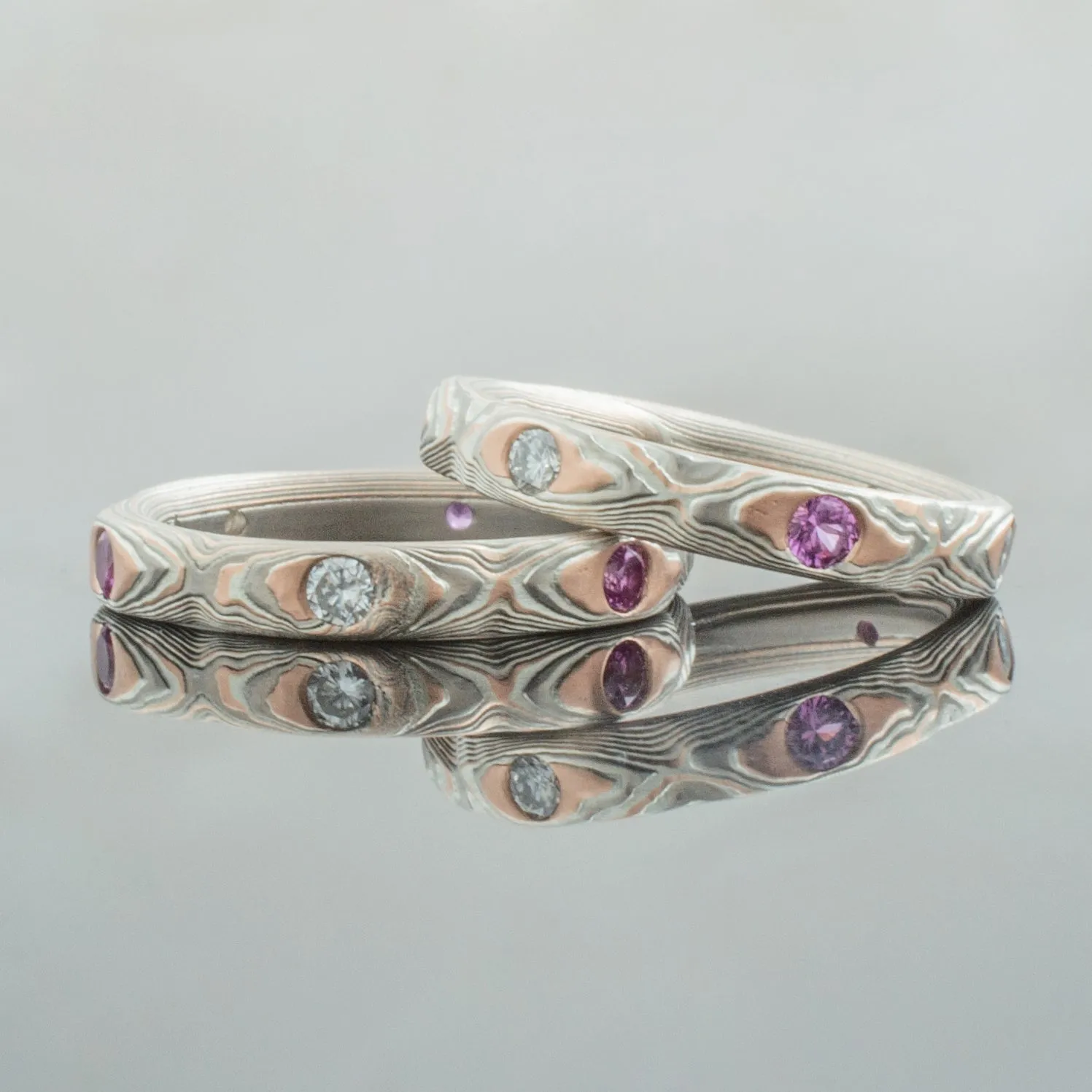 Mokume Gane Wedding Band or Ring Set with Flush Set Diamonds and Sapphires in Guri Bori Pattern