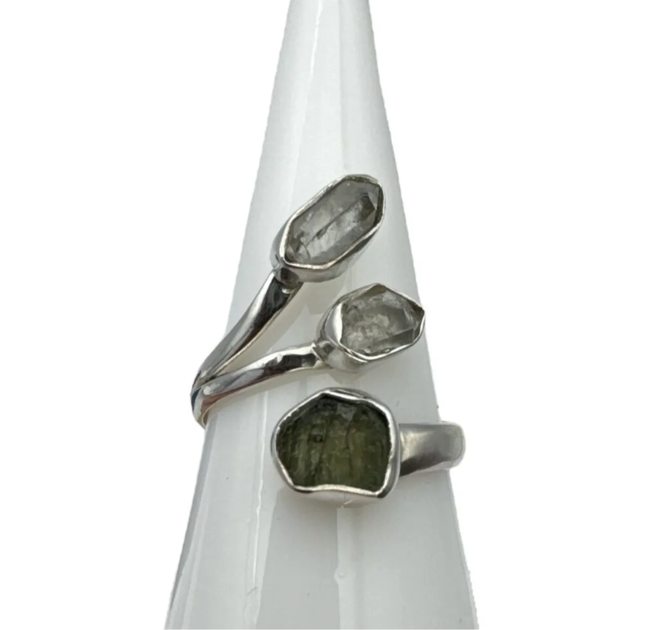 Moldavite & Herkimer Diamond Solid 925 Sterling Silver Ring Adjustable