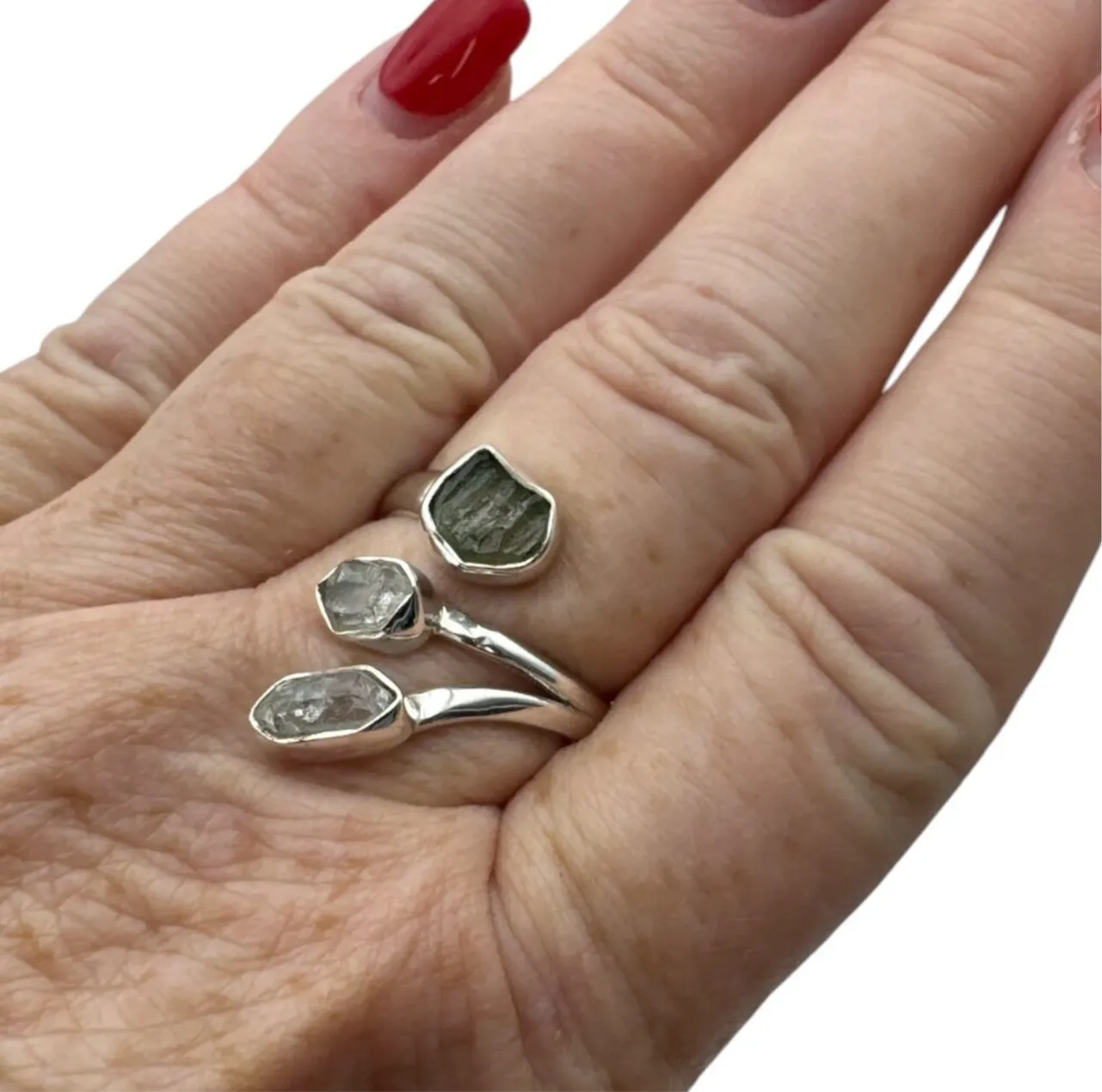 Moldavite & Herkimer Diamond Solid 925 Sterling Silver Ring Adjustable