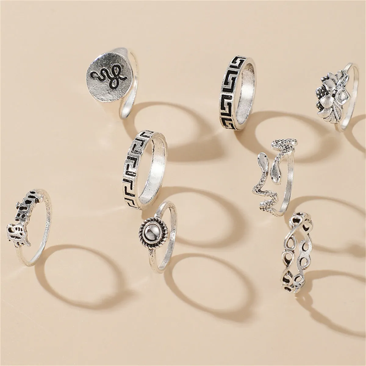 Moonstone & Silver-Plated Lotus Snake Ring Set