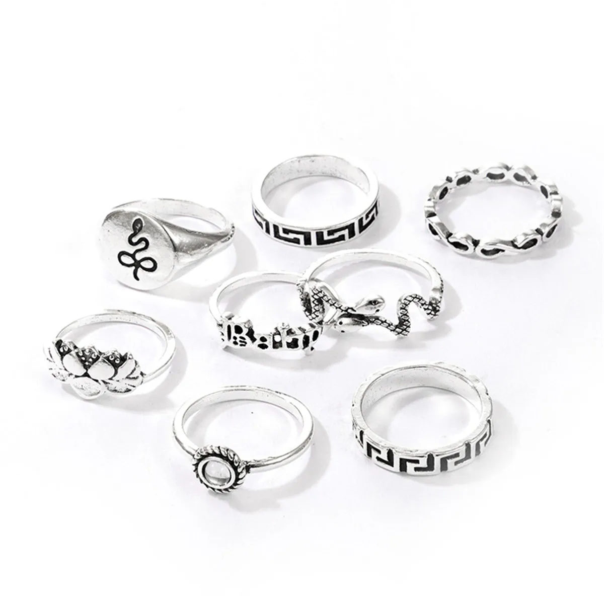 Moonstone & Silver-Plated Lotus Snake Ring Set