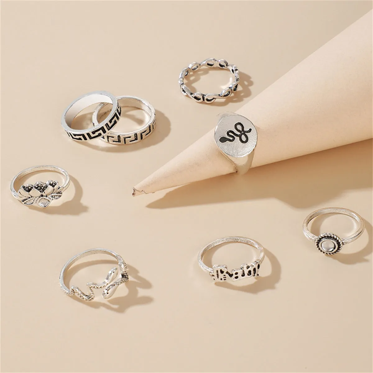 Moonstone & Silver-Plated Lotus Snake Ring Set