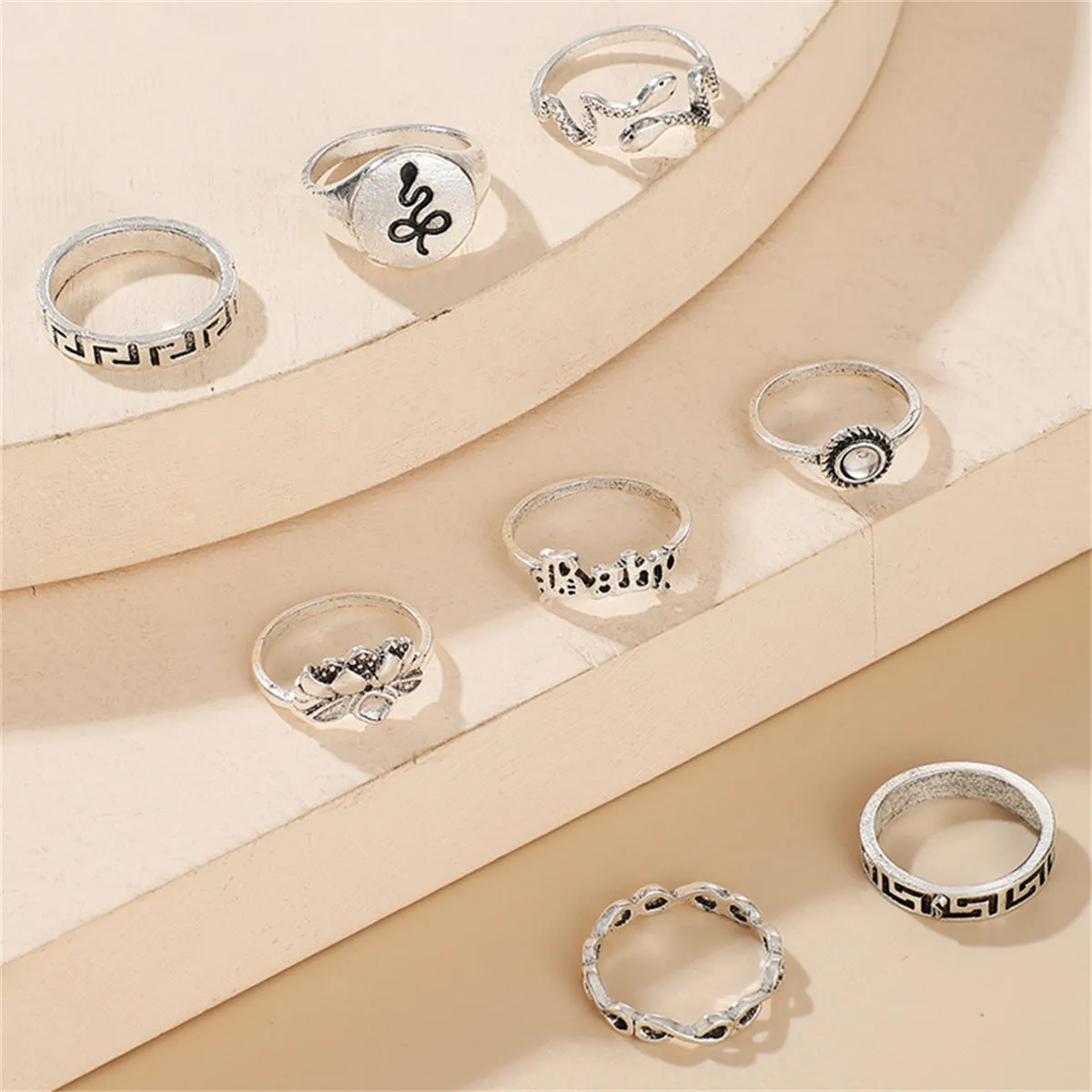 Moonstone & Silver-Plated Lotus Snake Ring Set