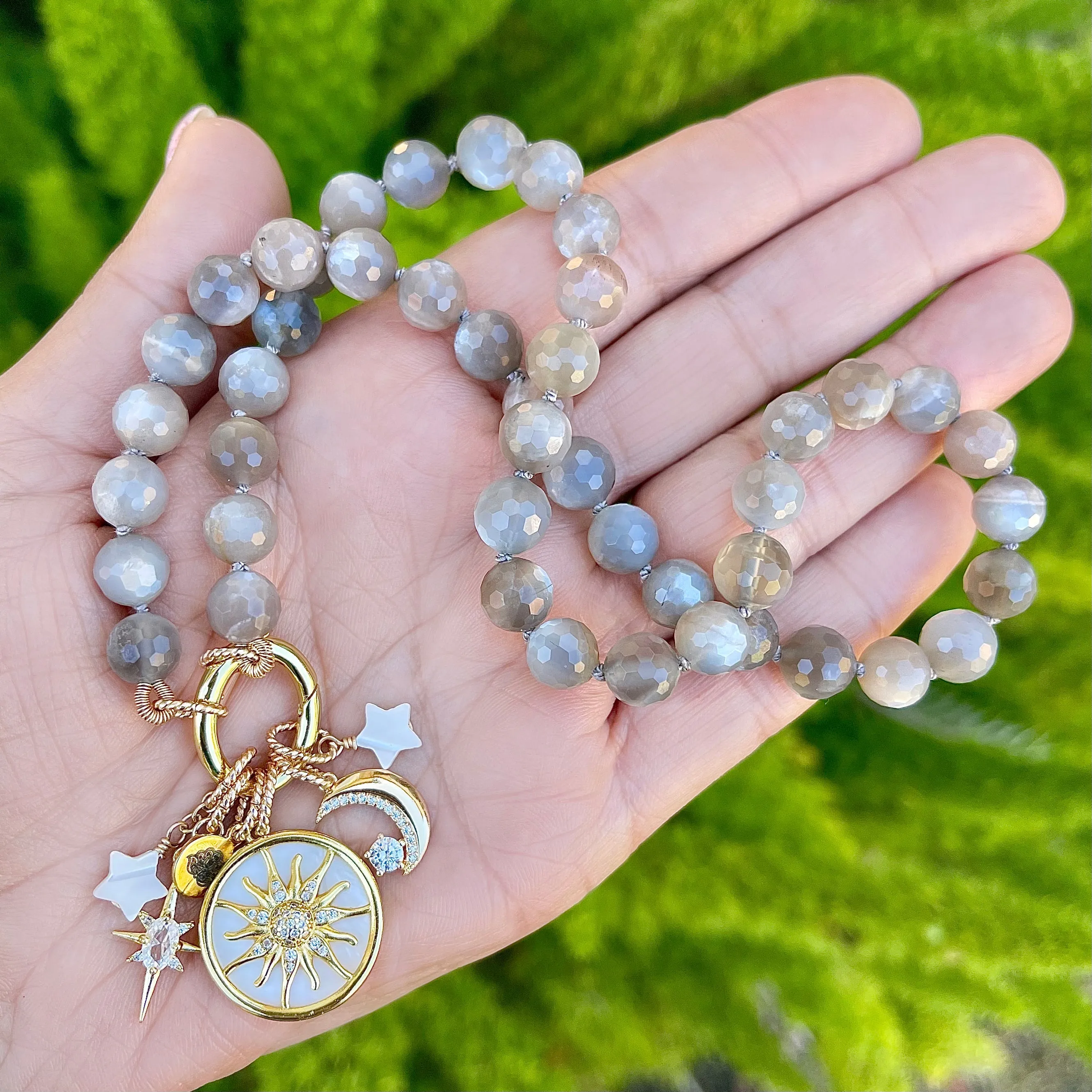 Moonstone Silk Knotted Star Charm Necklace