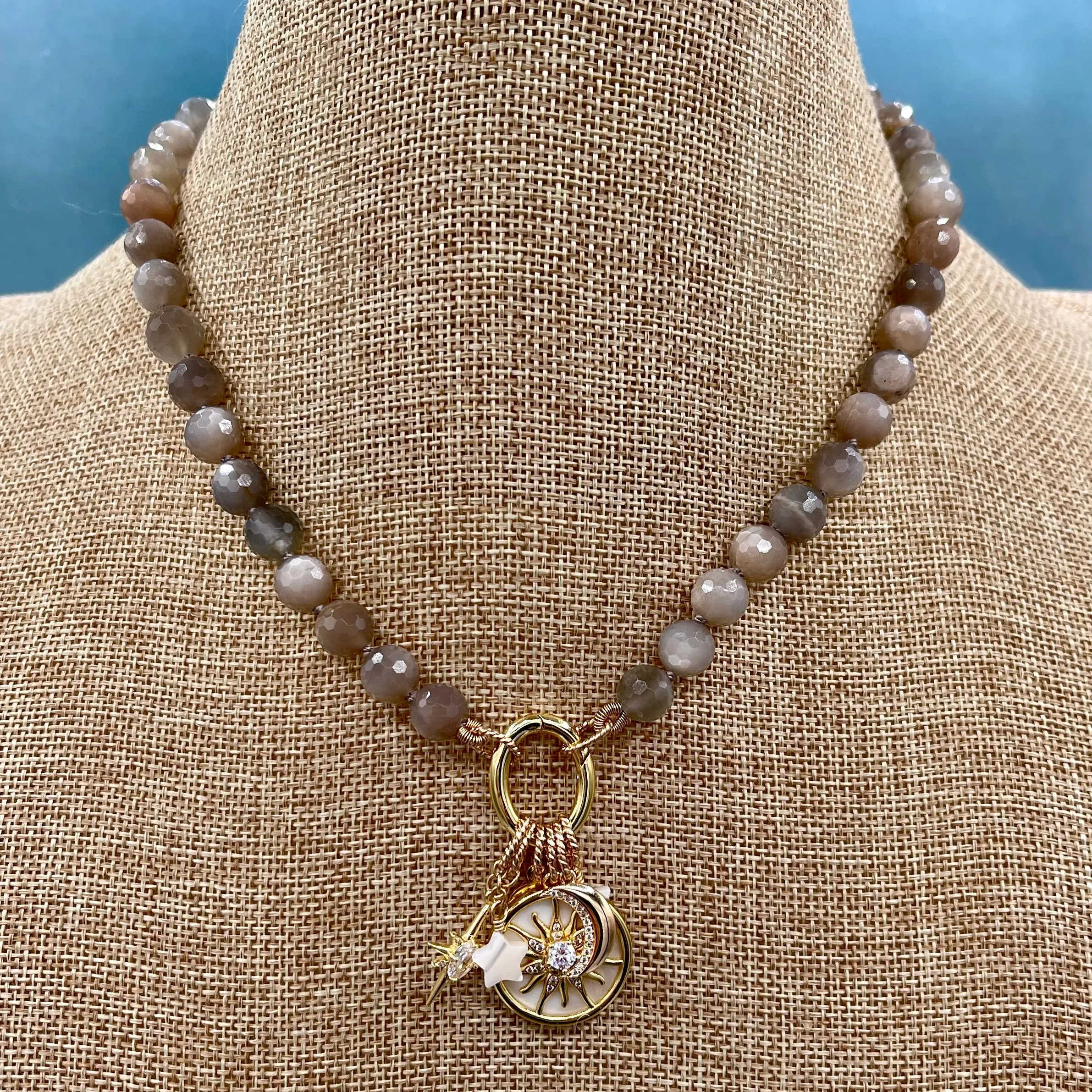 Moonstone Silk Knotted Star Charm Necklace