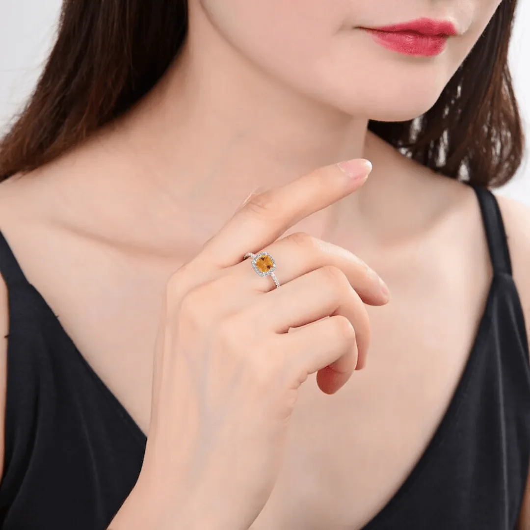 Natural Citrine Cushion Halo Ring