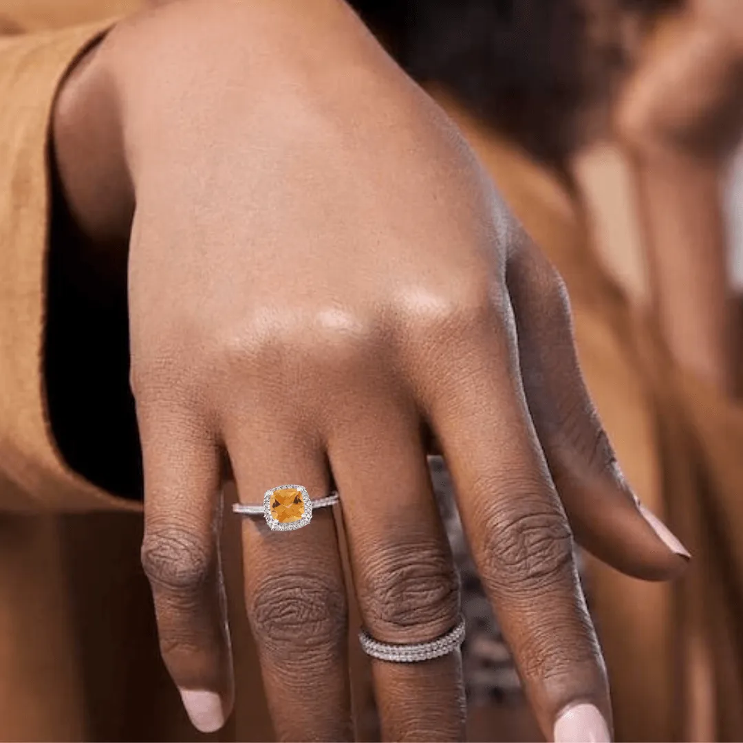 Natural Citrine Cushion Halo Ring