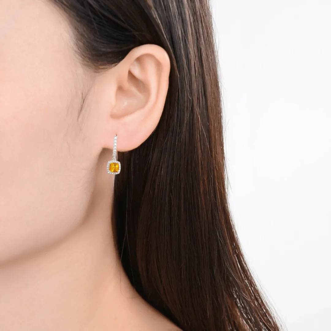 Natural Citrine Dangle Drop Halo Earrings