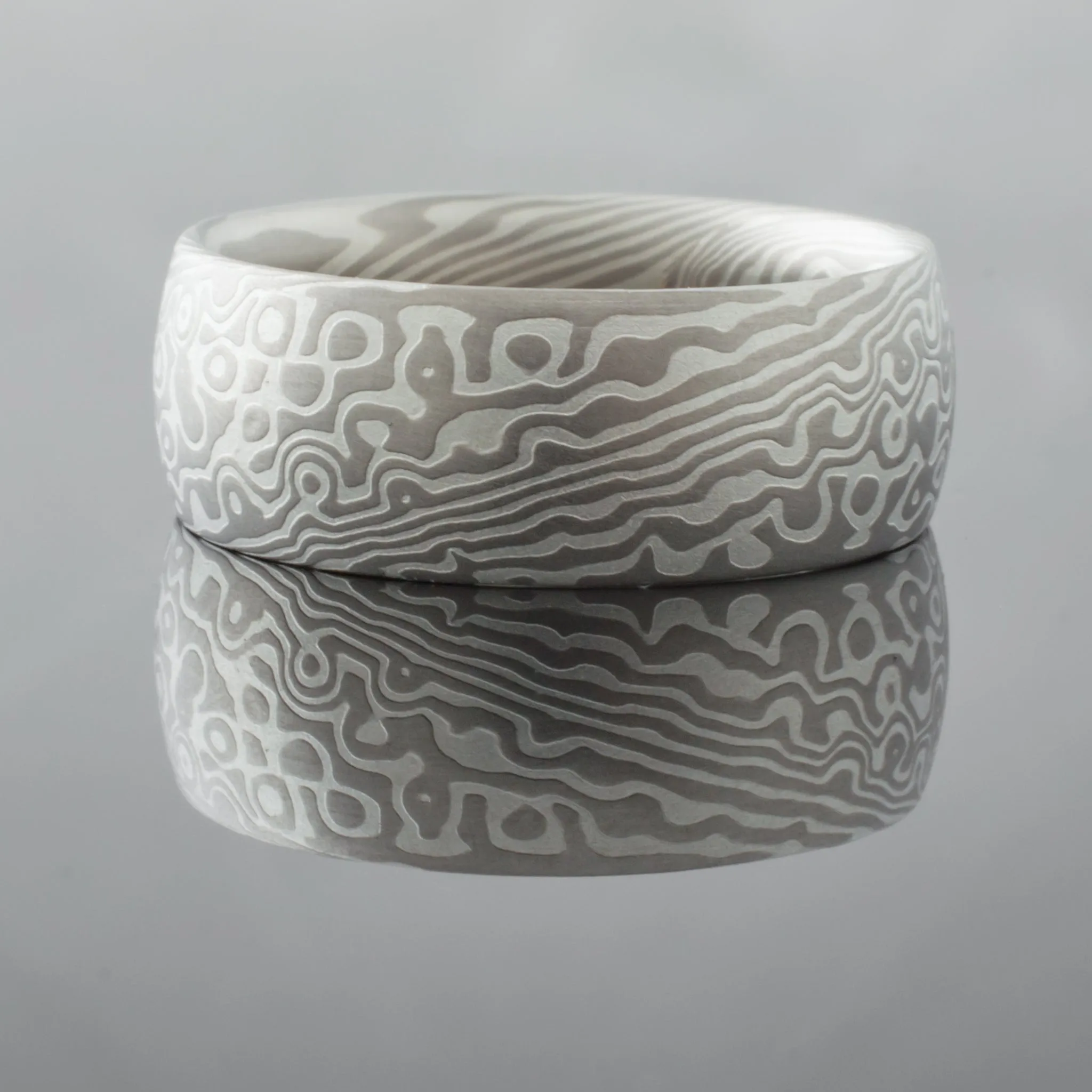 Nature Inspired Mokume Gane Ring or Wedding Band in the Twist/Droplet Pattern and Ash Palette