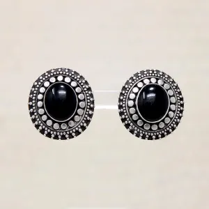 Ornate Silver Bead & Onyx Clip On Earrings