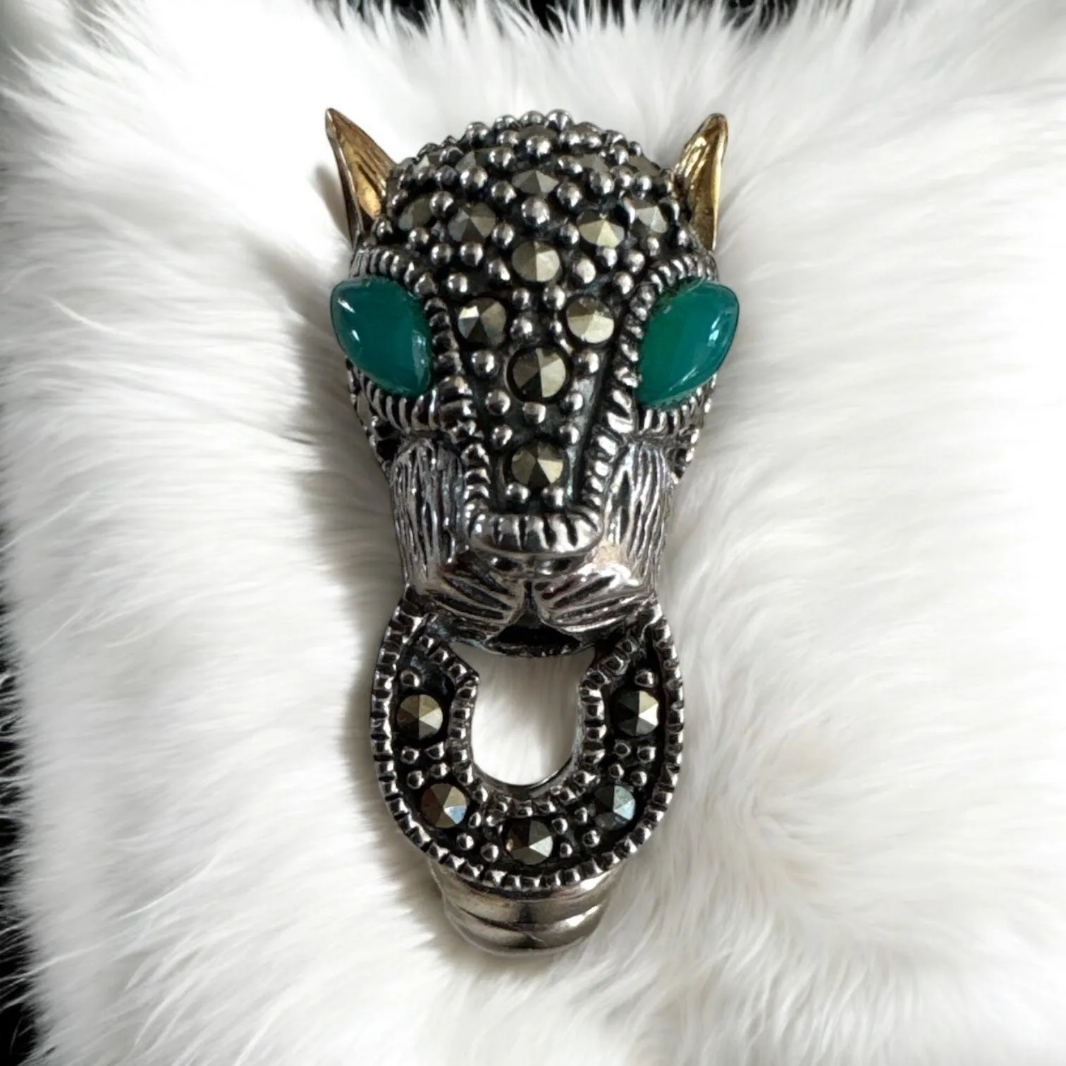 PANTHER Green Onyx Marcasite Solid 925 Sterling Silver Ring 8