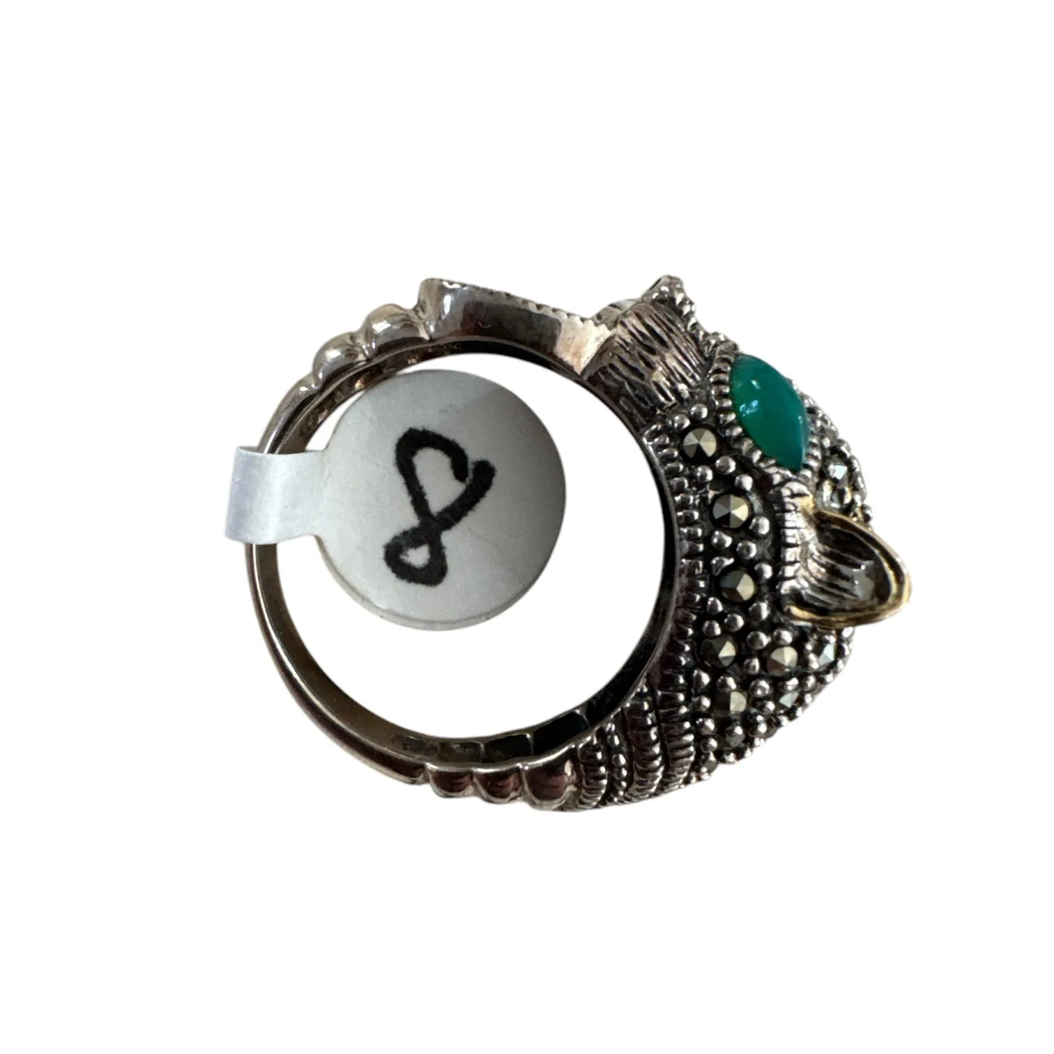 PANTHER Green Onyx Marcasite Solid 925 Sterling Silver Ring 8