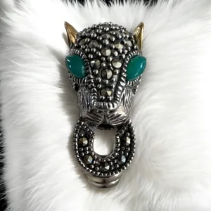 PANTHER Green Onyx Marcasite Solid 925 Sterling Silver Ring 8