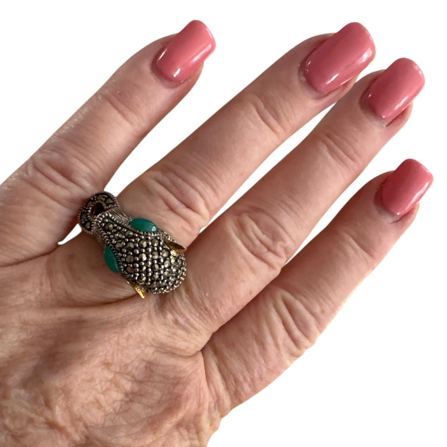 PANTHER Green Onyx Marcasite Solid 925 Sterling Silver Ring 8
