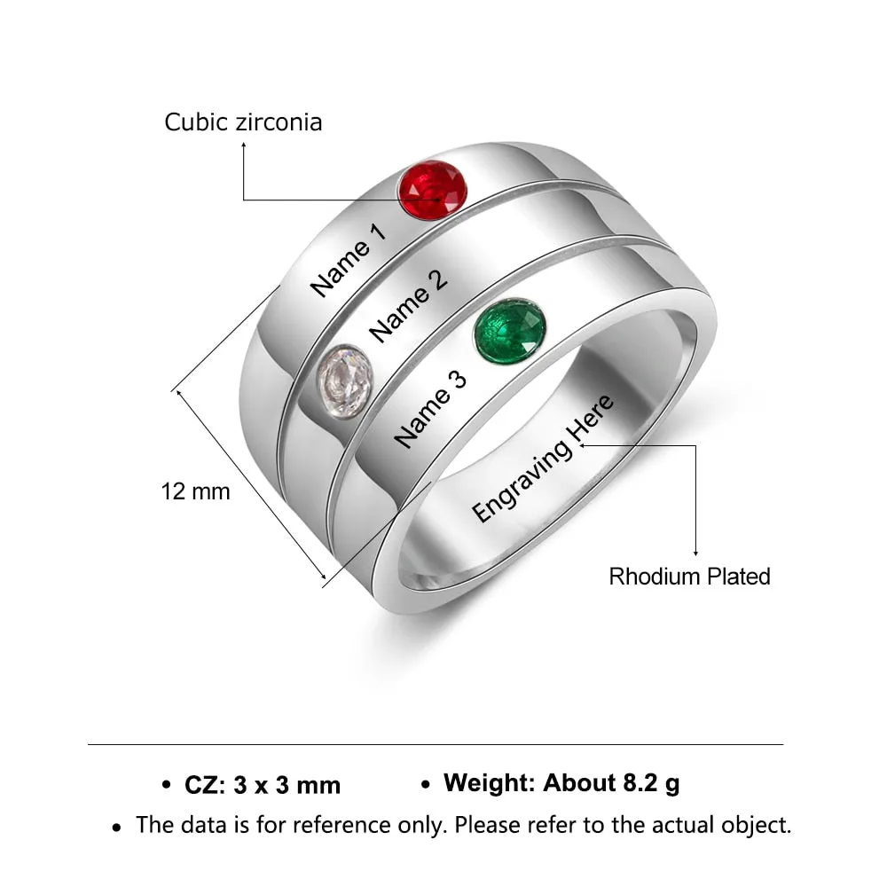 Personalized Mothers Rings with 3 birthstones Custom Engraved Name Stackable Rings for Women Birthday Gifts for Family