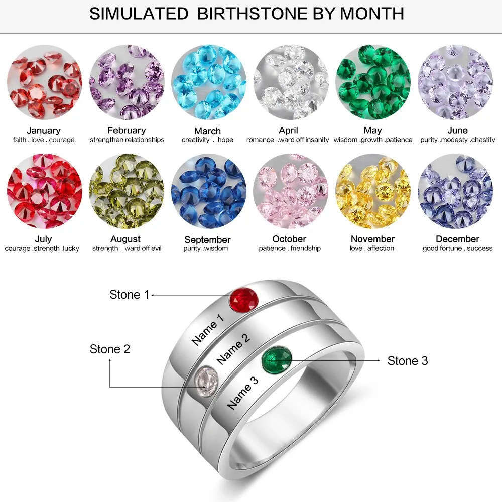 Personalized Mothers Rings with 3 birthstones Custom Engraved Name Stackable Rings for Women Birthday Gifts for Family