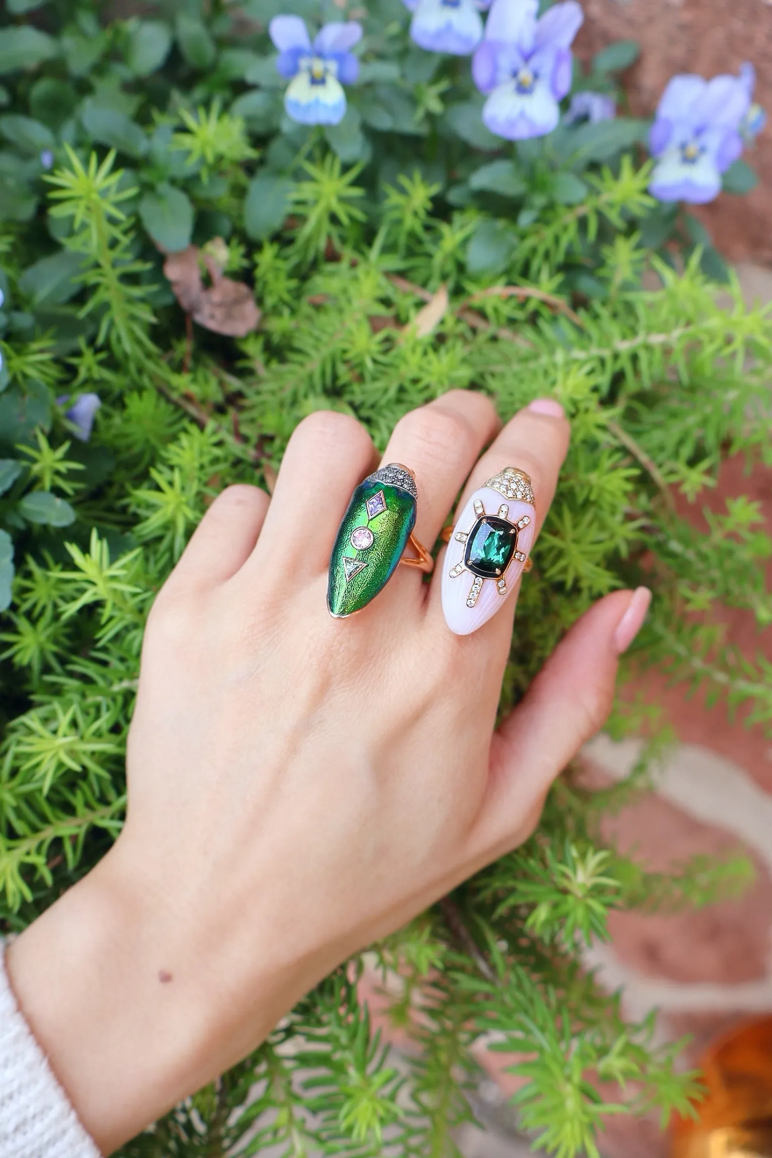 Pink Opal Scarab Ring with Green Tourmaline