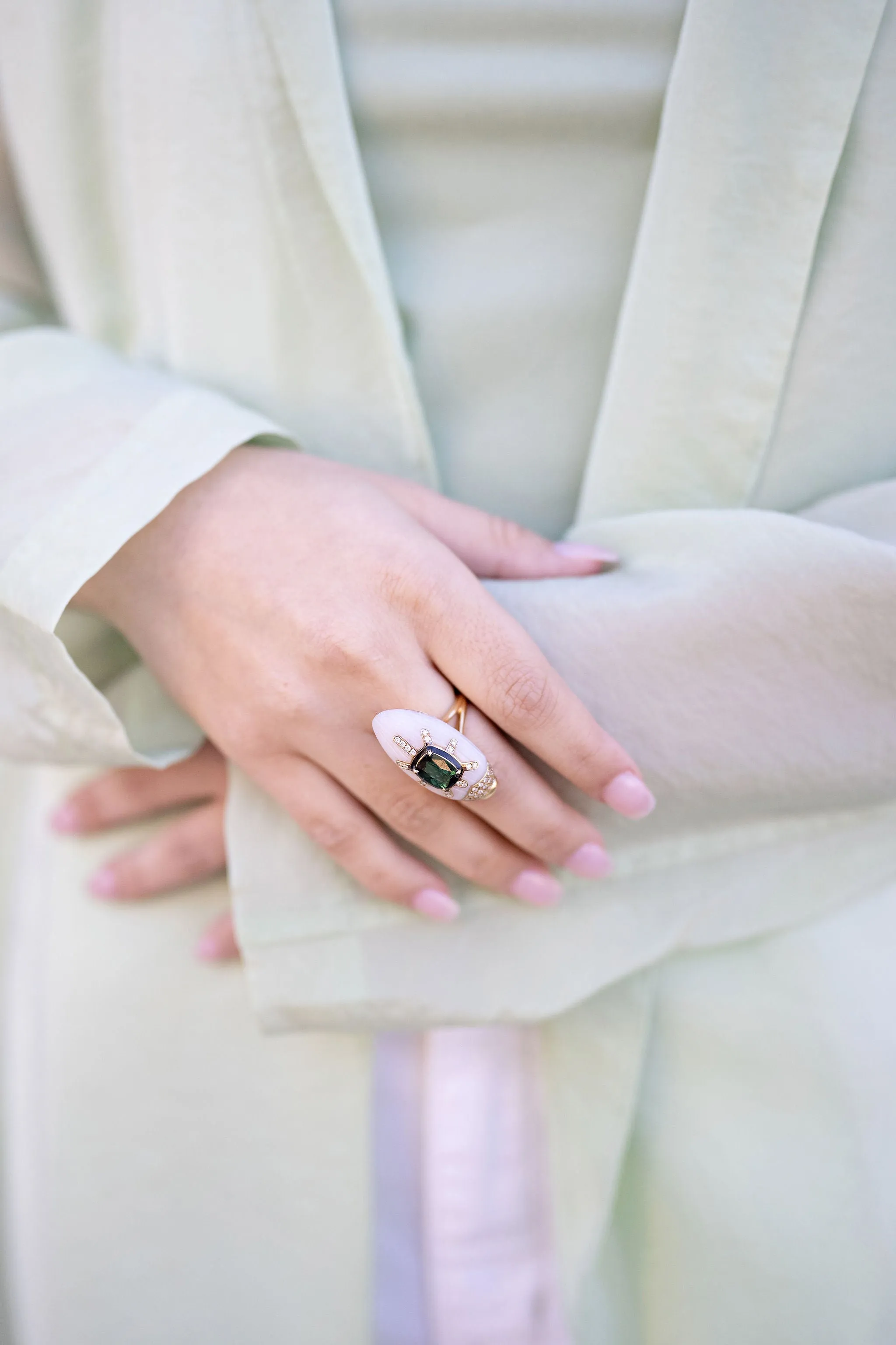 Pink Opal Scarab Ring with Green Tourmaline