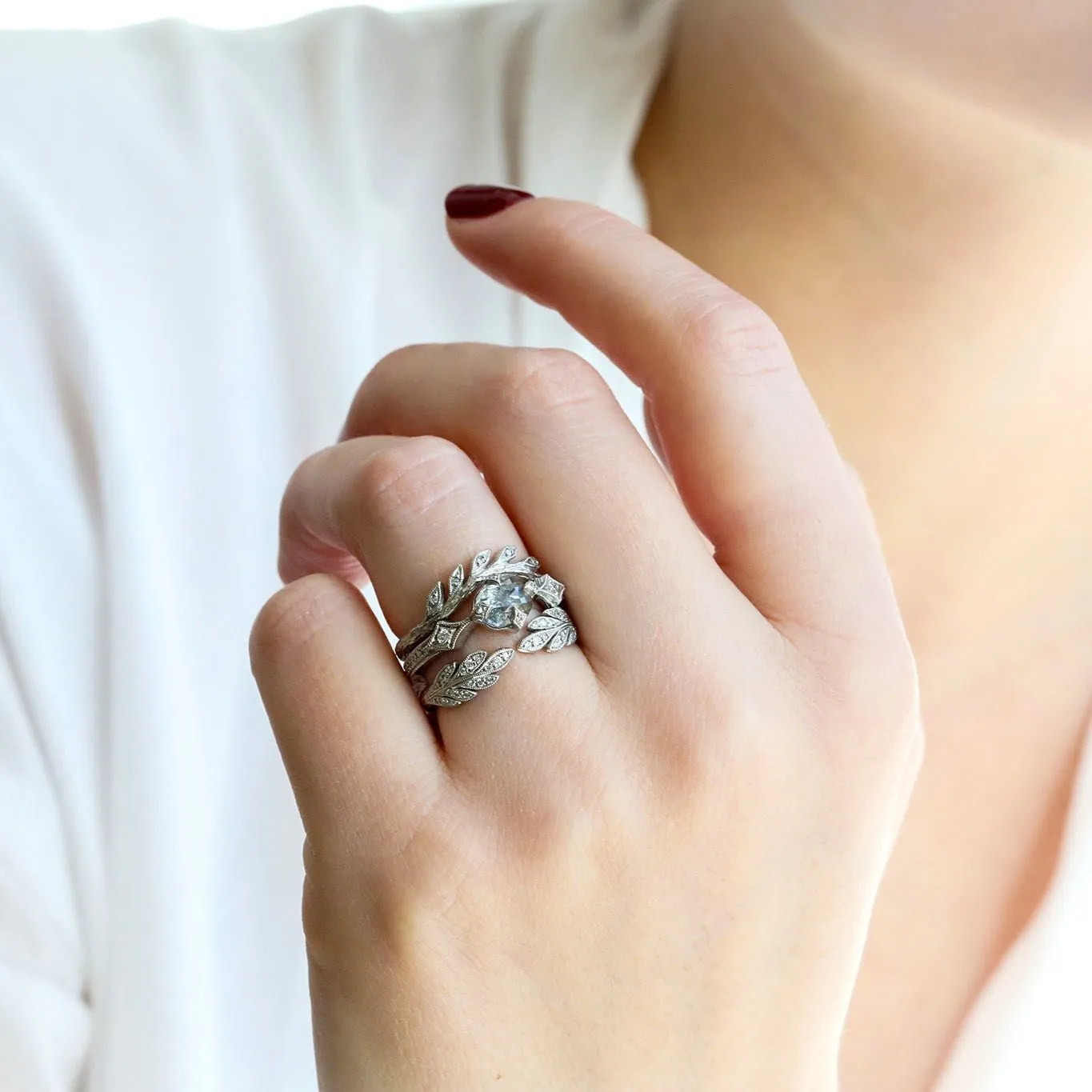 Platinum and Diamond "Open Leafside" Ring