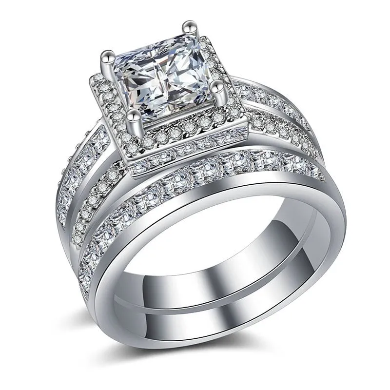 Princess Cut Zircon 2PC Engagement Ring Set Eternity Jewelry for Women