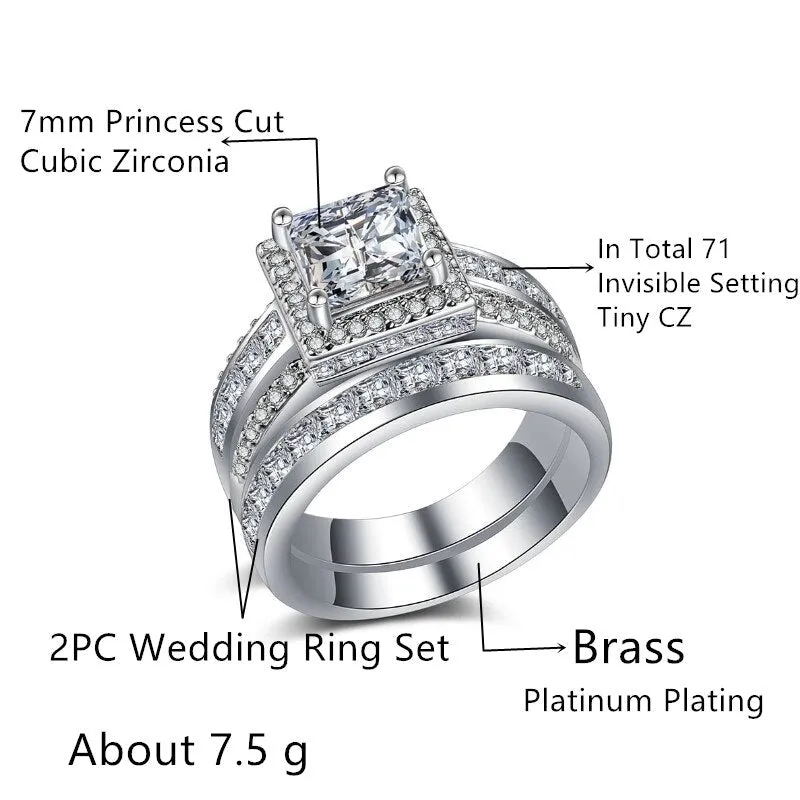 Princess Cut Zircon 2PC Engagement Ring Set Eternity Jewelry for Women