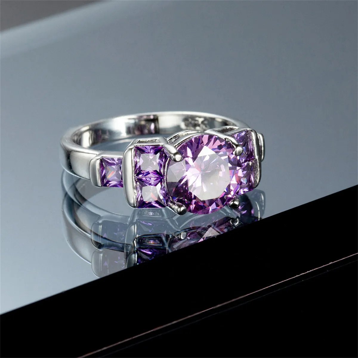 Purple Crystal & Silver-Plated Round-Cut Ring