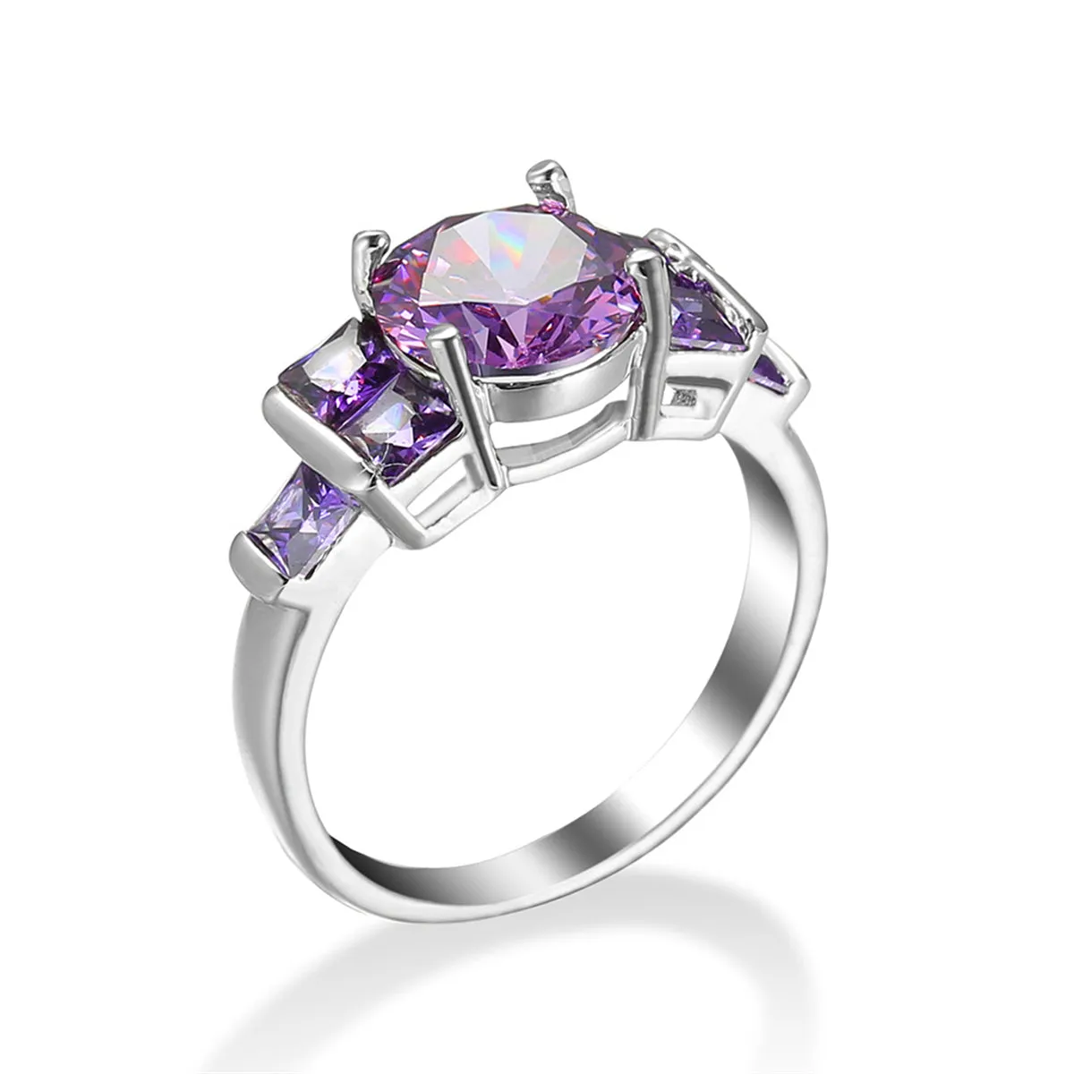 Purple Crystal & Silver-Plated Round-Cut Ring