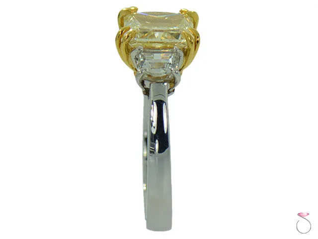 Radiant Yellow Diamond Three Stone Ring 3.82ctw in Platinum