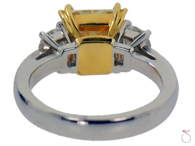 Radiant Yellow Diamond Three Stone Ring 3.82ctw in Platinum