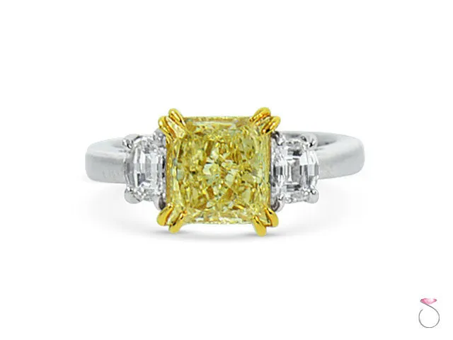 Radiant Yellow Diamond Three Stone Ring 3.82ctw in Platinum